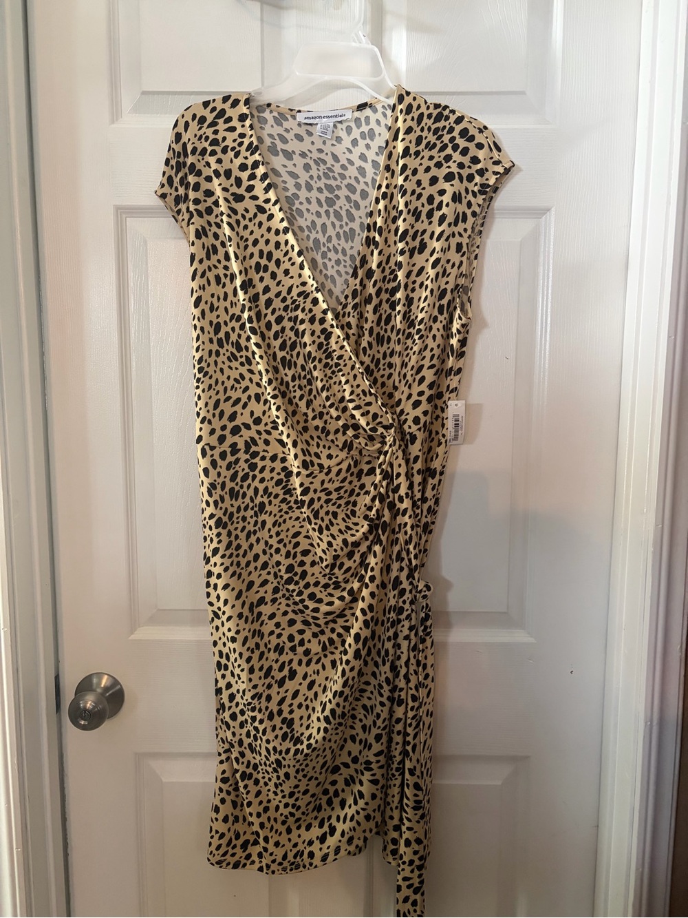 Amazon Essentials Beige and Black Animal Print Wrap Midi Dress with Side Tie